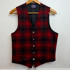 Pendleton Vintage Mens Red Black Plaid Wool Vest 100% Virgin Wool Shadow Plaid